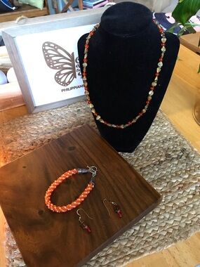 Tiger Eye & Orange Beaded Necklace, Matching Earrings & coordinated bracelet
